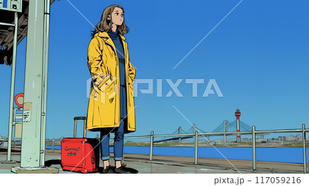 新天地に旅立つため鉄道のプラットフォームに立つ若い女性
