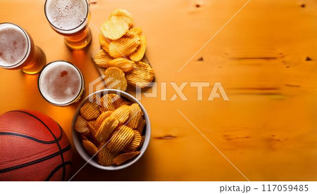 ビール、バスケットボール、スナック、コピースペース ビール、バスケットボール、スナック、コピースペース 117059485