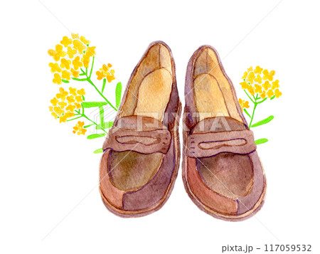 水彩イラスト　ローファーと菜の花 117059532