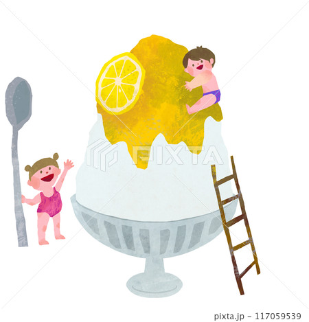 子供達とレモン味かき氷の夏イメージイラスト素材 子供達とレモン味かき氷の夏イメージイラスト素材 117059539