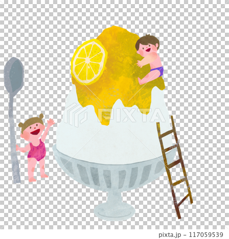 子供達とレモン味かき氷の夏イメージイラスト素材 子供達とレモン味かき氷の夏イメージイラスト素材 117059539