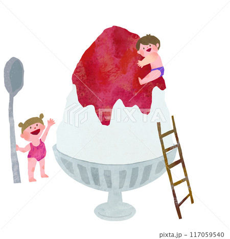 子供達とイチゴ味のかき氷の夏イメージイラスト素材 117059540