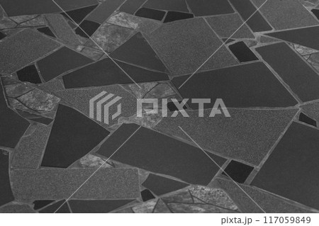 Black floor tiles abstract mosaic pattern street road city texture background dark 117059849