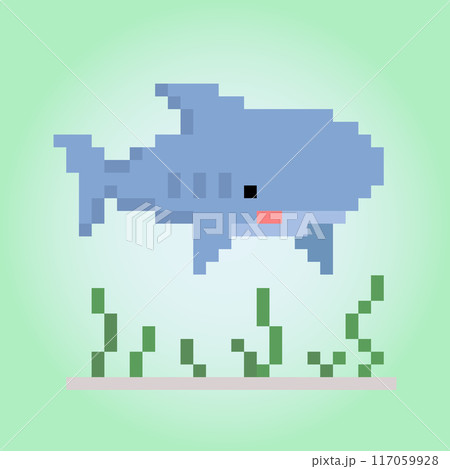 8 bit pixels of shark. Animal for asset games and Cross Stitch patterns in vector illustrations. 8 bit pixels of shark. Animal for asset games and Cross Stitch patterns in vector illustrations. 117059928
