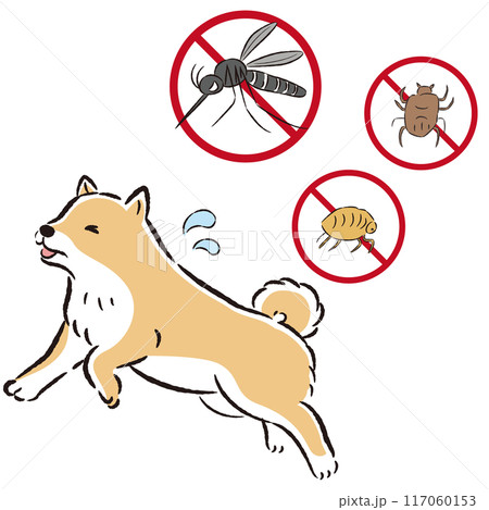 犬と害虫（蚊、ノミ、ダニ）のイラストセット 117060153
