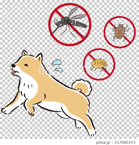 犬と害虫（蚊、ノミ、ダニ）のイラストセット 117060153