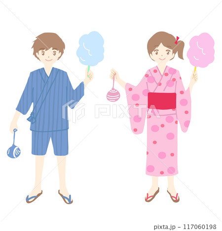 甚平を着ている男の子と浴衣を着ている女の子のイラスト 117060198