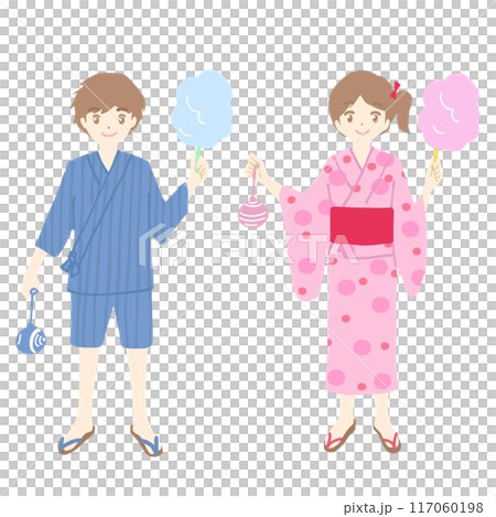 甚平を着ている男の子と浴衣を着ている女の子のイラスト 117060198