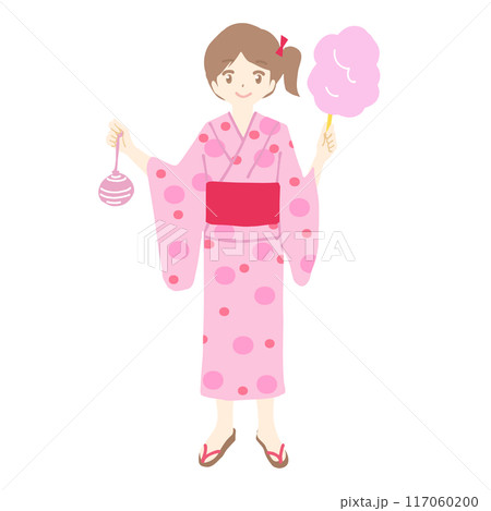浴衣を着ている女の子のイラスト。彼女は笑顔で手に綿あめと水風船を持っています。 117060200