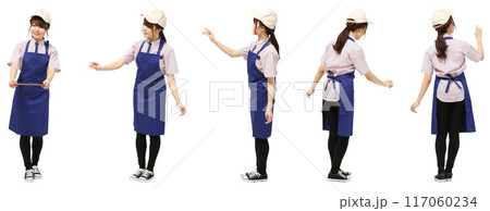 ファミレス店員エプロン帽子の女性の全身人物切り抜き素材 117060234