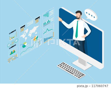 Businessman on computer screen presenting a webinar, seminar and data analysis meeting. Financial expert discussion. Isometric vector illustration eps10 Businessman on computer screen presenting a webinar, seminar and data analysis meeting. Financial expert discussion. Isometric vector illustration eps10 117060747