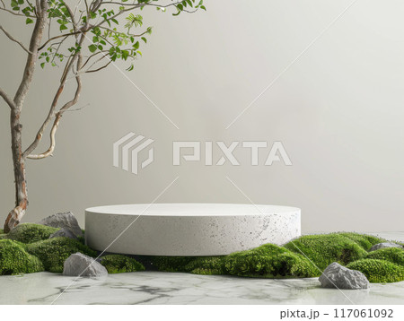 Minimalist Concrete Podium with Green Moss and a Tree Branch Minimalist Concrete Podium with Green Moss and a Tree Branch 117061092