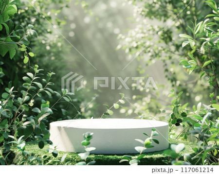 White Circular Platform in Lush Green Foliage 117061214
