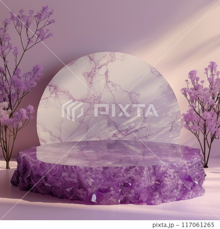 Amethyst Crystal Podium with Marble Backdrop and Pink Blossoms 117061265