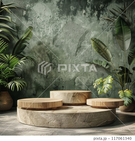 Wooden Display Platform with Green Plants against a Rough Wall 117061340