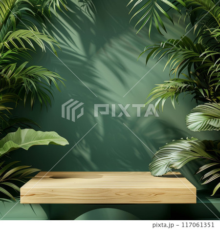 Wooden Shelf with Tropical Foliage and Shadows Against a Green Wall 117061351