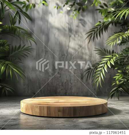 Wooden Platform Display with Greenery and Concrete Background 117061451