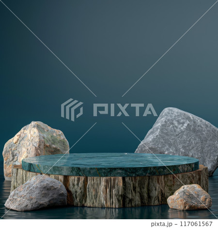 Circular Marble Platform Surrounded by Rocks and Water 117061567