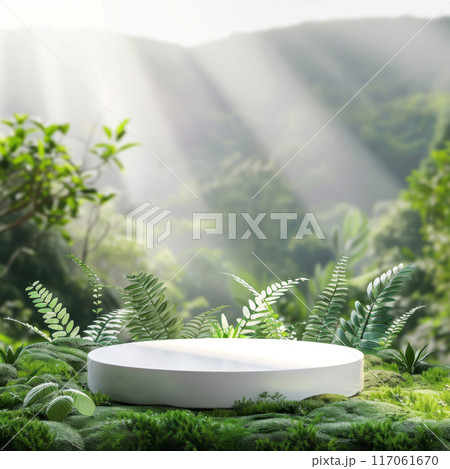 White Circular Platform in a Lush Green Forest Setting 117061670