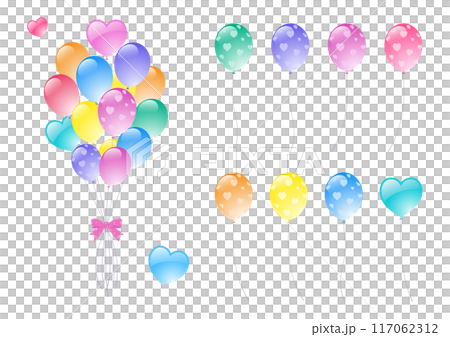 Heart-shaped, bunched jiggly balloons and color variation set Heart-shaped, bunched jiggly balloons and color variation set 117062312