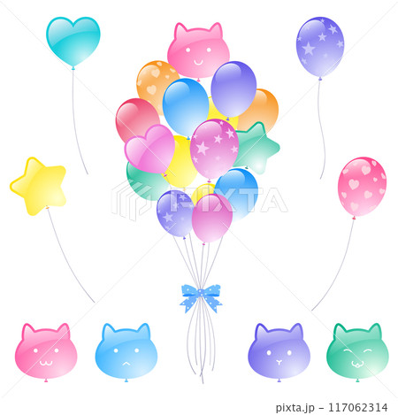 猫型・ハート型・星形・束ねたぷるぷる風船と色バリエーションセット 117062314