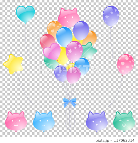 猫型・ハート型・星形・束ねたぷるぷる風船と色バリエーションセット 117062314