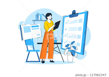 Female employee working on the tasklist Female employee working on the tasklist 117062347