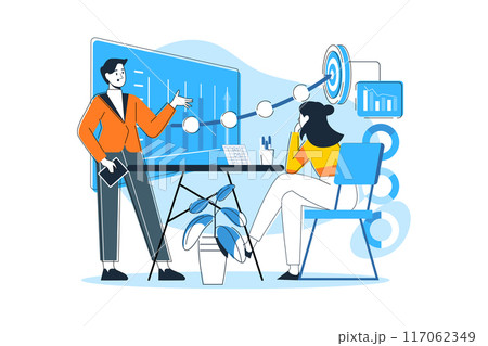 Male and female employee working on goal Male and female employee working on goal 117062349