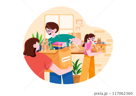 The group of volunteers is receiving charity items 117062360