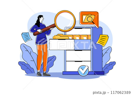 Female manager holding a magnifying glass and looking for documents in the cabinet Female manager holding a magnifying glass and looking for documents in the cabinet 117062389