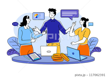 Group of employees discussing work at the desk Group of employees discussing work at the desk 117062391