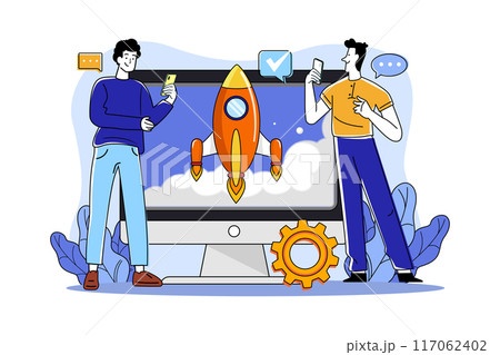 Guys are launching a startup on a virtual screen Guys are launching a startup on a virtual screen 117062402