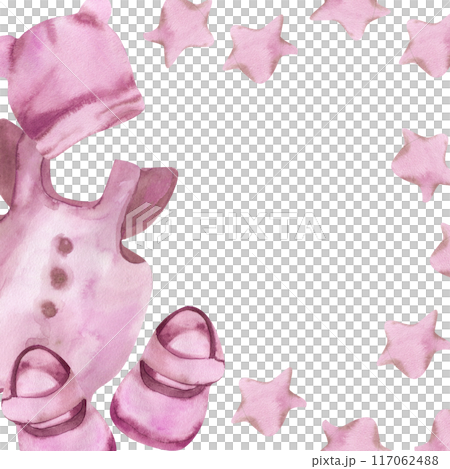 Watercolor newborn girl template with pink suit, boots,cap and stars. Hand drawn frame with kid's elements, monochrome composition for baby shower party, invitation, card design. 117062488