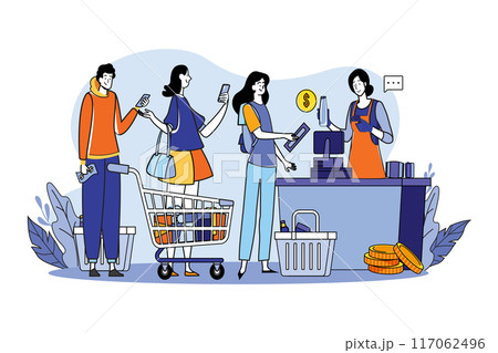 Crowd of people using gadgets waiting in line at checkout in a supermarket 117062496