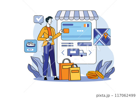 Guy chooses delivery and payment options Guy chooses delivery and payment options 117062499