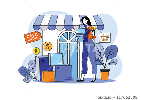Young girl buying and selling goods online Young girl buying and selling goods online 117062509