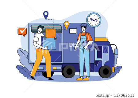 Two guys getting ready to ship cargo by a delivery truck 117062513