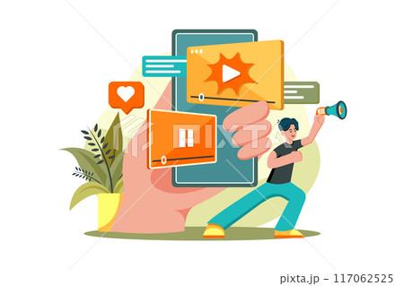 Video Marketing Illustration concept. A flat illustration isolated on white background Video Marketing Illustration concept. A flat illustration isolated on white background 117062525