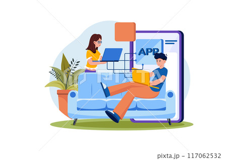 Product team programming mobile app with laptop 117062532