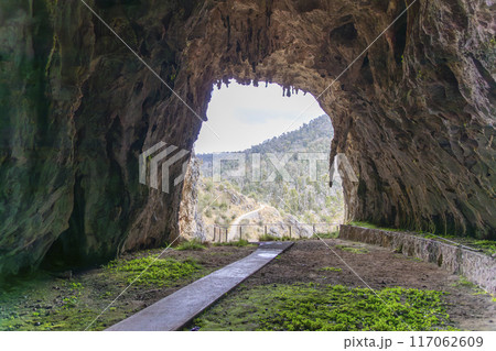 Looking out of the entrance to Yarrangobilly Caves in the Snowy Mountains 117062609