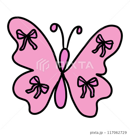 Hand drawn pink butterfly with ribbons png for animal, zoo, souvenir shop, cute patches, shirt print, brooch, plush toy, kid doll, spring, summer, nature, garden, backyard, pet, vet, flowers, insects 117062729