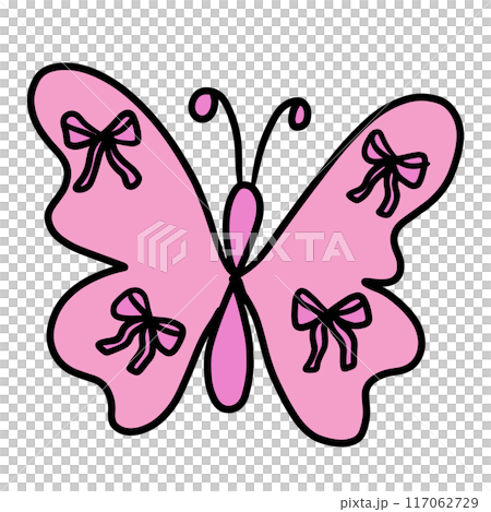 Hand drawn pink butterfly with ribbons png for animal, zoo, souvenir shop, cute patches, shirt print, brooch, plush toy, kid doll, spring, summer, nature, garden, backyard, pet, vet, flowers, insects 117062729