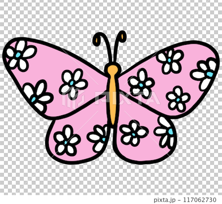 Hand drawn pink butterfly with flowers png for animal, zoo, souvenir shop, cute patches, shirt print, brooch, plush toy, kid doll, spring, summer, nature, garden, backyard, pet, vet, flowers, insects 117062730