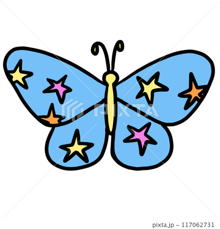 Hand drawn blue butterfly with star pattern for animal, zoo, souvenir shop, cute patches, shirt print, brooch, plush toy, kid doll, spring, summer, nature, garden, backyard, pet, decoration, insects 117062731