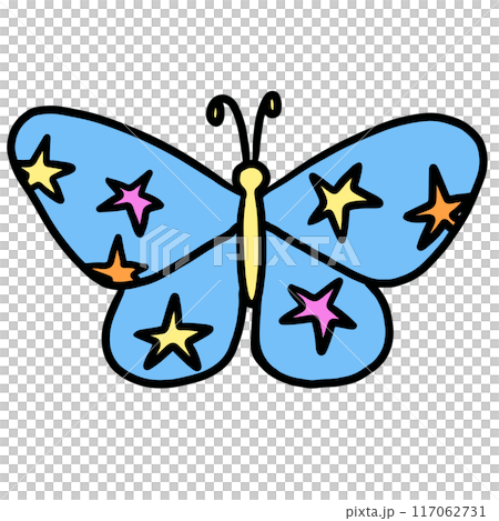 Hand drawn blue butterfly with star pattern for animal, zoo, souvenir shop, cute patches, shirt print, brooch, plush toy, kid doll, spring, summer, nature, garden, backyard, pet, decoration, insects 117062731