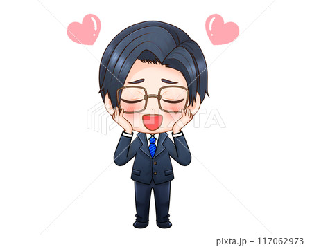 目を閉じてうっとりする眼鏡のサラリーマンちびキャライラスト素材 117062973