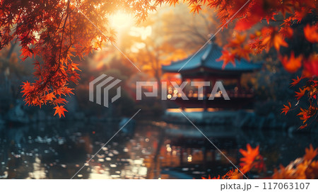 秋の紅葉と日本庭園 117063107
