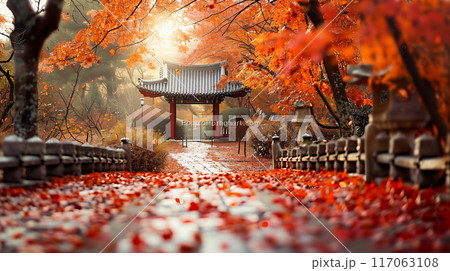 秋の紅葉と日本庭園 117063108
