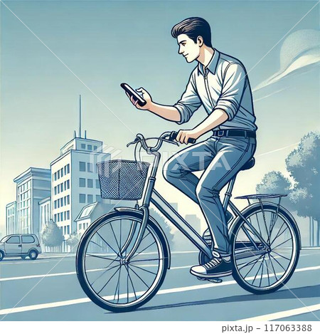 自転車に乗りながらスマホを操作する若い男性 自転車に乗りながらスマホを操作する若い男性 117063388
