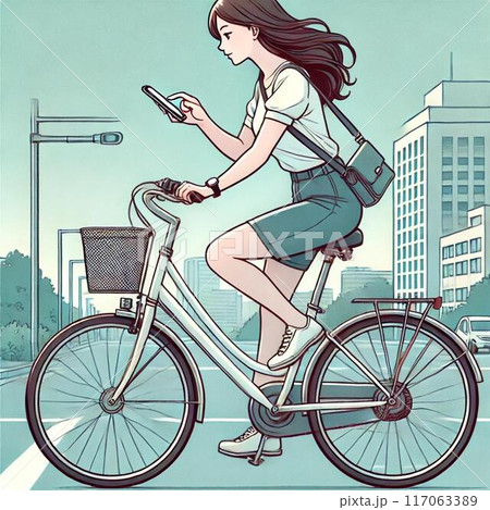 自転車に乗りながらスマホを操作する若い女性 自転車に乗りながらスマホを操作する若い女性 117063389